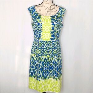 Adrianna Papell Blue Green Print Bateau Neck Sheath Dress Size 4 Nordstrom NWT